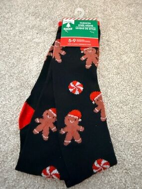 Christmas Gingerbread Knee High Socks - Black & Red